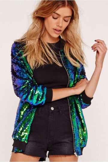 Woochic veste pour femmes col montant paillettes scintillantes vert S